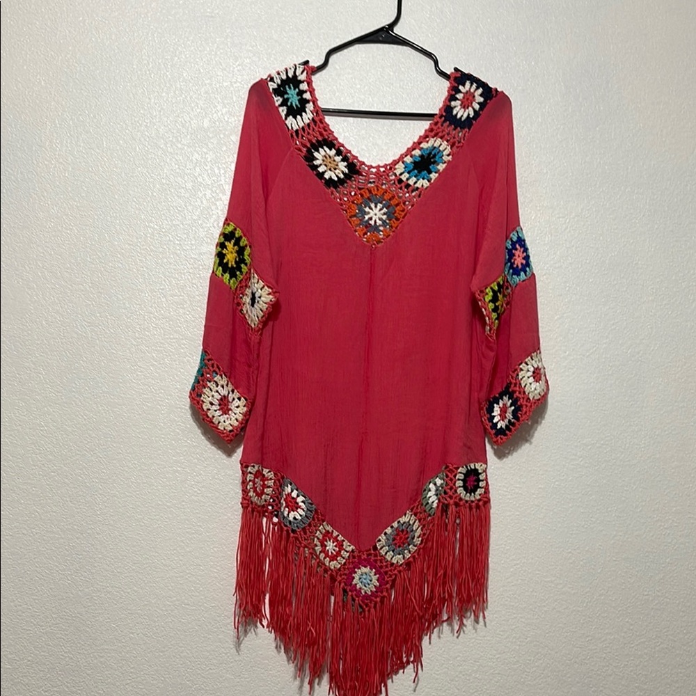 Red Crochet Poncho with Bohemian Fringe